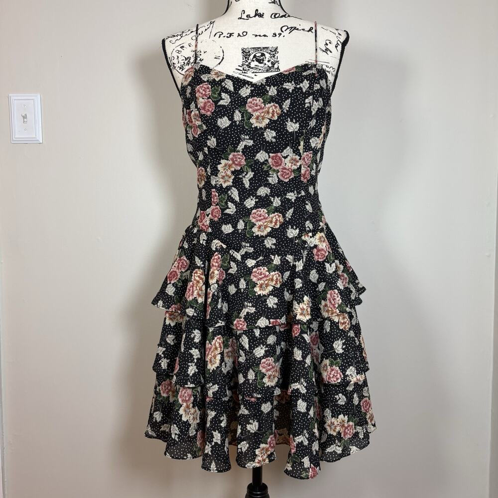 Vintage 90s Up Beat Tiered Floral Ruffle Mini Dress Black 11/12